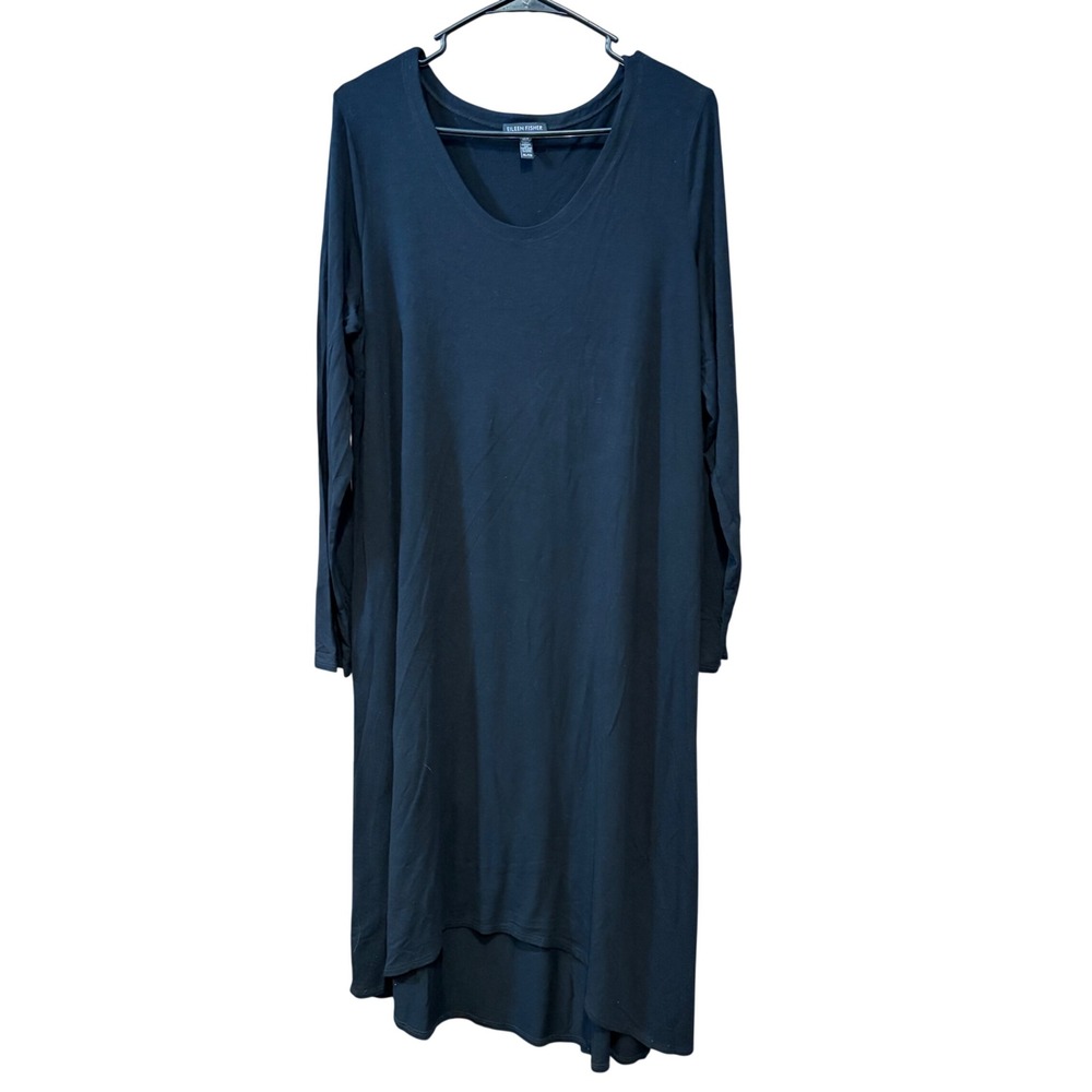 Eileen Fisher Black Viscose Stretch Lycra Long Sleeve Scoop Neck High Low Dress